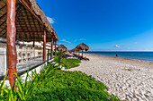 View of beach and sunshades at Puerto Morelos, Caribbean Coast, Yucatan Peninsula, Riviera Maya, Mexico, North America