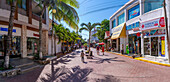 View of shops on 5th Avenue, Playa del Carmen, Caribbean Coast, Yucatan Peninsula, Riviera Maya, Mexico, North America