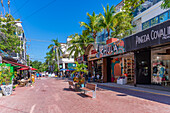 View of shops on 5th Avenue, Playa del Carmen, Caribbean Coast, Yucatan Peninsula, Riviera Maya, Mexico, North America