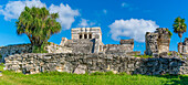 Blick auf Maya-Tempelruinen, Tulum, Quintana Roo, Karibikküste, Yucatan-Halbinsel, Riviera Maya, Mexiko, Nordamerika