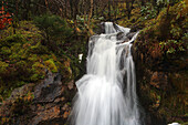 Wasserfall am Straßenrand, abseits der A82, in der Nähe von Fort William, Highland, Schottland, Vereinigtes Königreich, Europa