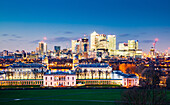 Panoramablick von Greenwich auf Canary Wharf, Docklands, London, England, Vereinigtes Königreich, Europa