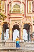 Woman at the Patrika Gate, Jaipur, Rajasthan, India, Asia