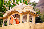 Woman at lookout point, Jaipur, Rajasthan, India, Asia