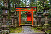 Roter Bogen und Steinlaternen, UNESCO-Welterbe, Nara, Kansai, Honshu, Japan, Asien