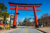 Red gate in Chuzenjiko Onsen, UNESCO World Heritage Site, Tochigi Prefecture, Nikko, Kanto, Honshu, Japan, Asia