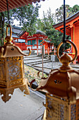 Eine Reihe von Laternen in leuchtenden Goldfarben hängt anmutig von einem Portikus eines Tempels in Nara, Honshu, Japan, Asien