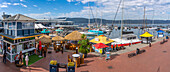 View of boats and restaurants at Knysna Waterfront, Knysna, Garden Route, Western Cape, South Africa, Africa