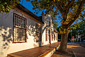 Blick auf weiß getünchte Architektur, Stellenbosch Central, Stellenbosch, Westkap, Südafrika, Afrika