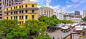 Blick von oben auf Bäume, Gebäude und Souvenirstände auf dem Greenmarket Square, Kapstadt, Westkap, Südafrika, Afrika