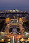 France, Paris (75), classified as UNESCO world heritage, general view by night of the Trocadéro from the Eiffel Tower