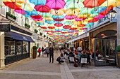 France, Paris, the Village Royal Cite Berryer rue Royale located nearby Place de la Concorde and Place de la Madeleine, umbrellas, The Umbrella Sky Project