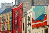 France, Paris, Menilmontant theater located rue du Retrait and fresco on the facade of a house