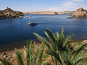 Egypt, Upper Egypt, Nubia, Nile Valley, Aswan, Island of Agilka, Arrival of tourists by boat to visit the Philae Temple World Heritage Site of UNESCO, the Temple of Isis