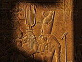 Ägypten, Oberägypten, Niltal, Basrelief im Tempel von Kom Ombo, der dem krokodilköpfigen Gott Sobek geweiht ist