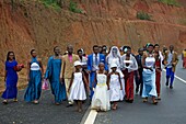 Rwanda, center of the country, married and their guests walking on the road