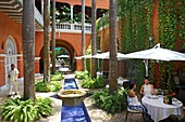 Colombia, Bolivar Department, Cartagena, listed as World heritage by UNESCO, patio of Casa Pestagua, colonial boutique-hotel classified Relais et Chateaux