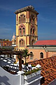 Colombia, Bolivar Department, Cartagena, listed as World heritage by UNESCO, roofs of the Casa San Agustin colonial boutique-hotel overlooking the Moorish style tower of the University of Cartagena, San Agustin campus