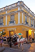 Kolumbien, Departamento Bolivar, Cartagena, von der UNESCO zum Weltkulturerbe erklärt, Kutsche vor einem Kolonialhaus in der Altstadt