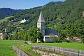 Italy, autonomous province of Bolzano, Burgusio, Chilly Middle Fields with Marienberg Monastery in the background