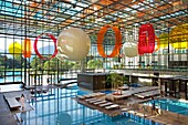 Italy, autonomous province of Bolzano, Merano, glass cube signed Matteo Thun sheltering sulphurous water ponds covered by Merano terms