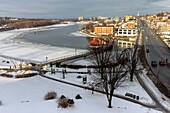 Canada, Quebec province, Eastern Townships or Estrie, City of Sherbrooke, King Street and Lake of Nations partly frozen in winter