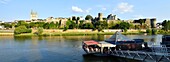 France, Maine et Loire, Angers, the river port, restaurant pizzeria L'eau à la Bouche with Saint Maurice cathedral and the castle of the Dukes of Anjou