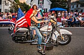 United States, New England, Massachusetts, Cape Ann, Gloucester, Gloucester Horribles Traditional Parade, July 3, motorcyclist with drag queen