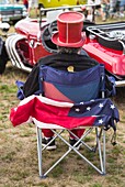 United States, New England, Massachusetts, Cape Ann, Gloucester, antique car, man in top hat and US flag