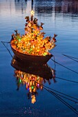 United States, New England, Massachusetts, Nantucket Island, Nantucket, small dory with Christmas tree