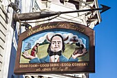 United States, New England, Massachusetts, Nantucket Island, Nantucket, sign for The Brotherhood of Thieves restaurant and tavern