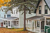 United States, Maine, Bayside, Bayview Cottages, oceanside community of cottages at former religious themed resort, cottage, autumn