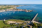 France, Manche, Cotentin, Barfleur, labeled Les Plus Beaux Villages de France (The Most Beautiful Villages of France), Harbour and Saint Nicolas church built from 17th century to 19th century (aerial view)