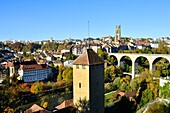 Switzerland, Canton of Fribourg, Fribourg, the fortifications, San Nicolas Cathedral and Zaehringen Bridge (Zähringerbrücke) over Sarine River (Saane River)