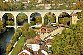 Switzerland, Canton of Fribourg, Fribourg, Sarine River (Saane River) banks, Gotteron tower gate and Zaehringen Bridge