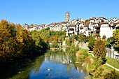 Switzerland, Canton of Fribourg, Fribourg, Sarine River (Saane River) banks, view from fortifications and San Nicolas Cathedral