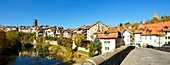 Switzerland, Canton of Fribourg, Fribourg, Sarine River (Saane River) banks, the Middle Bridge, view from fortifications and San Nicolas Cathedral