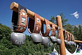 Switzerland, Valais Canton, Val d'Herens, village of Evolene in summer, inauguration of Les Hauderes Arena on august 2016, place where are fighting the blacks cows Herens according an ancient tradition