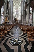 France, Somme, Amiens, Notre Dame d'Amiens cathedral listed as World Heritage by UNESCO, Interior of the Cathedral of Amiens, The center of the labyrinth with the effigy of the three architects and Bishop Evrard from Fouilloy