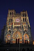 France, Somme, Amiens, Notre Dame d'Amiens cathedral listed as World Heritage by UNESCO, spectacle sounds and lights on the facade of the cathedral