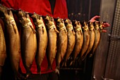 France, Pas de Calais, Boulogne sur Mer, Chez Corrue and Deseille, Saurisseur in Boulogne sur Mer, The herrings are emptied before being soaked in a brine bath. Then they are smoked in ovens. The ovens work with sawdust, which allows a slow combustion