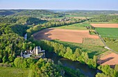 France, Dordogne, Perigord Noir (Black Perigord), Thonac, the castle of Belcayre on the banks of the Vezere river (aerial view)