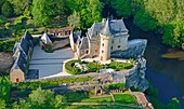 France, Dordogne, Perigord Noir (Black Perigord), Thonac, the castle of Belcayre on the banks of the Vezere river (aerial view)