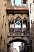 Spain, Catalonia, Barcelona, Barrio Gotico District, Pont del Bisbe, Neo-Gothic bridge over Carrer Bisbe