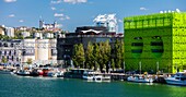 Frankreich, Rhone, Lyon, Stadtteil La Confluence im Süden der Halbinsel, erstes vom WWF als nachhaltig zertifiziertes Viertel Frankreichs, Blick auf die Eisenbahn- und Straßenbrücken der Mulatiere, das Museum der Zusammenflüsse, Museum der Wissenschaften und Unternehmen am Zusammenfluss von Rhone und Saone, der Quai Rambaud entlang der alten Hafenanlagen mit dem Green Cube, dem Incity-Turm, dem Ycone-Turm und dem Crayon