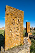 Armenien, Region Gegharkunik, Umgebung von Sewan, Noraduz (oder Noratus), Friedhof mit mittelalterlichen Gräbern, genannt Khachkars, am Ufer des Sewansees