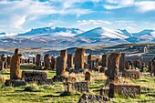 Armenien, Region Gegharkunik, Umgebung von Sewan, Noraduz (oder Noratus), Friedhof mit mittelalterlichen Gräbern, genannt Khachkars, am Ufer des Sewansees