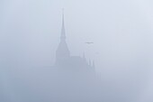 France, Manche, Mont Saint Michel Bay listed as World Heritage by UNESCO, Abbey of Mont Saint Michel, fog