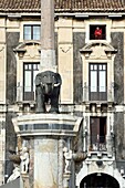 Italy, Sicily, Catania, Baroque city listed as UNESCO World Heritage, Piazza del Duomo, the 18th century Elephant fountain made with basalt and white marble is the symbol of the city