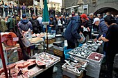 Italien, Sizilien, Catania, Barockstadt auf der Liste des UNESCO-Weltkulturerbes, der morgendliche Fischmarkt Pescheria auf der Piazza Alonzo di Benedetto